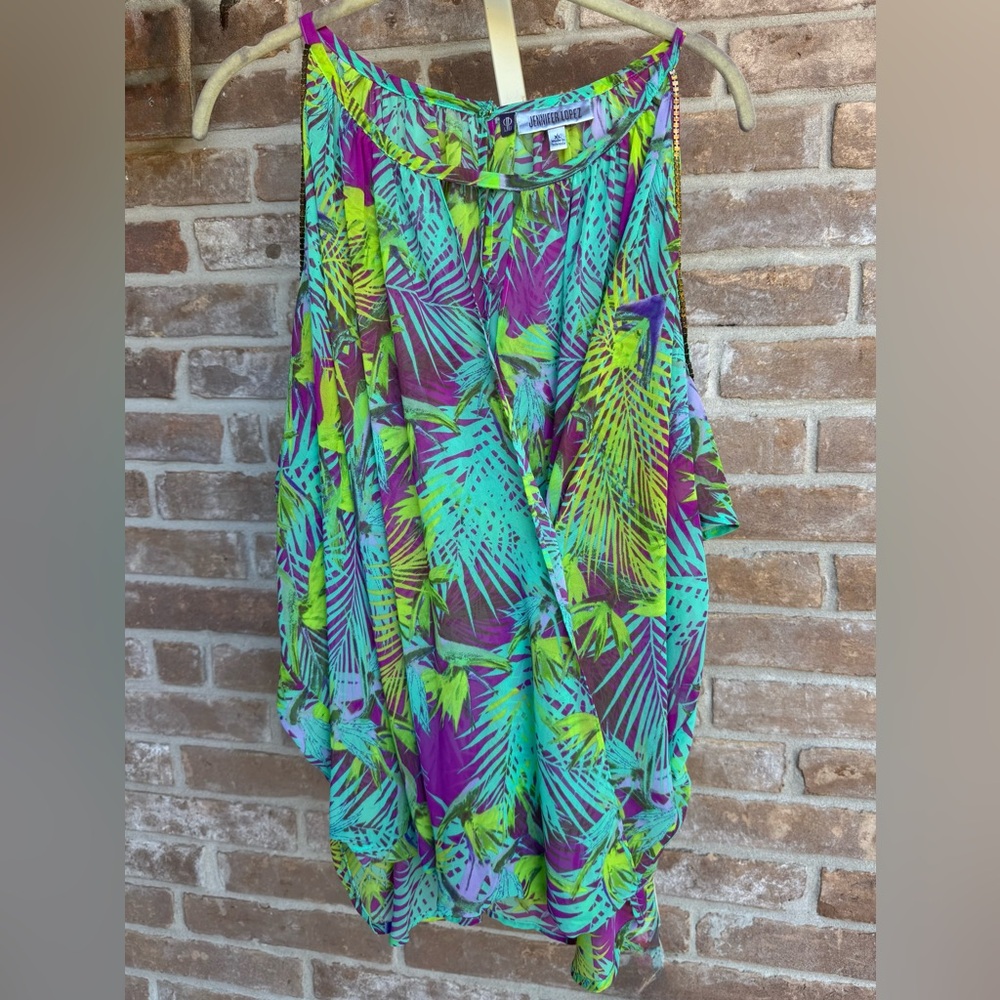 Jennifer Lopez Vibrant Tropical Cut-out Sleeve Blouse, size XL